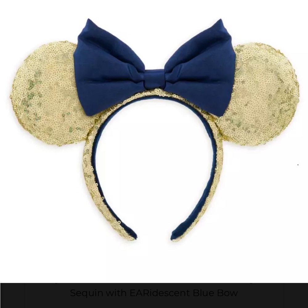 NWT-Disney Minnie Ear Headband 50th Anniversary Gold Sequin EARidescent Blue Bow